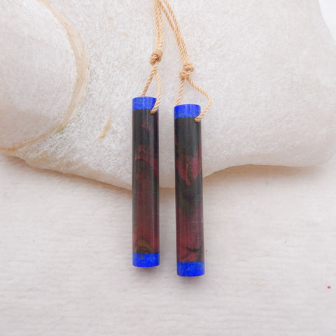 Paire de boucles d'oreilles en pierres précieuses collées Red Creek Jasper et Lapis Lazuli, 37x6 mm, 6,1 g