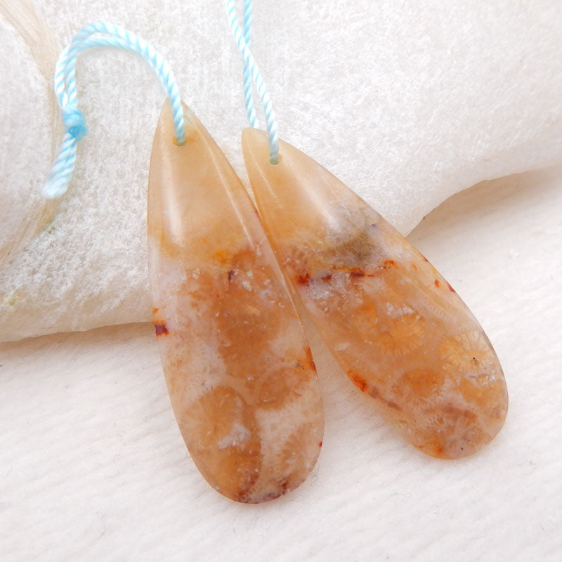 Paire de boucles d'oreilles en forme de larme de corail fossile indonésien naturel, pierre pour la fabrication de boucles d'oreilles, 38X14X4mm, 6.01g