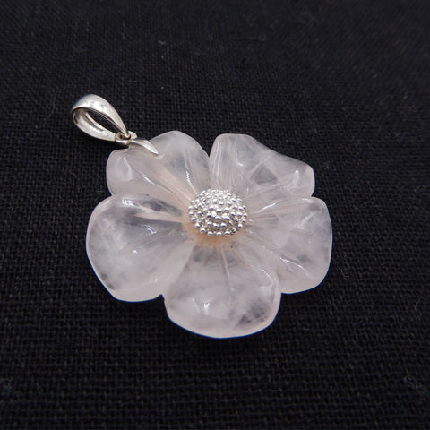 Pink Quartz Handcarved 5 petals Flower Silver Pendant, 40x32x7mm, 6.5g