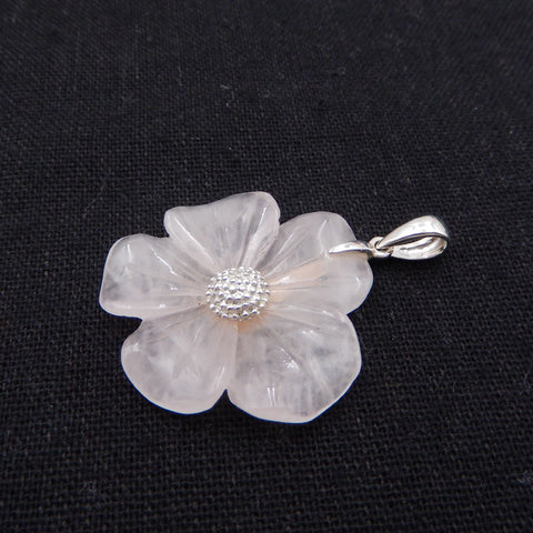 Pink Quartz Handcarved 5 petals Flower Silver Pendant, 40x32x7mm, 6.5g