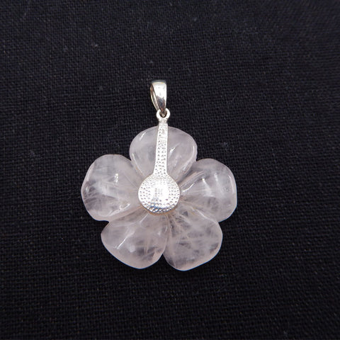 Pink Quartz Handcarved 5 petals Flower Silver Pendant, 40x32x7mm, 6.5g