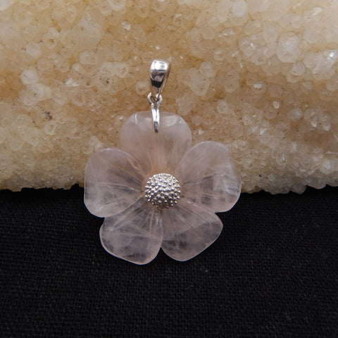 Pink Quartz Handcarved 5 petals Flower Silver Pendant, 40x32x7mm, 6.5g