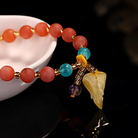 Natural 7mm Frosted straw berry quartz and amber leaf beaded Elastic bracelet, 10.8g - MyGemGarden