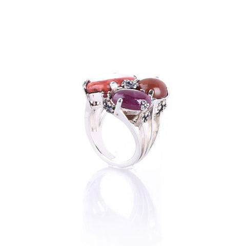 Well Designed!!Four Claws Mosaic Sterling Silver 925 With Ruby And Zoisite Wood Stone Coral Stone Intarsia Ring 12.8g - MyGemGarden