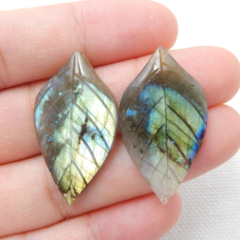 Hand Carved Natural Labradorite Leaf Gemstone Cabochon Pair, 32x18x4mm, 5.7g - MyGemGarden