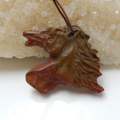 Carved Gemstone Multi-Color Picasso jasper Horse Head Pendant , 34x28x6mm, 9.7g - MyGemGarden