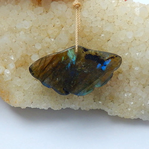 Labradorite Carved Leaf Pendant Bead, 40x22x6mm, 6.7g - MyGemGarden