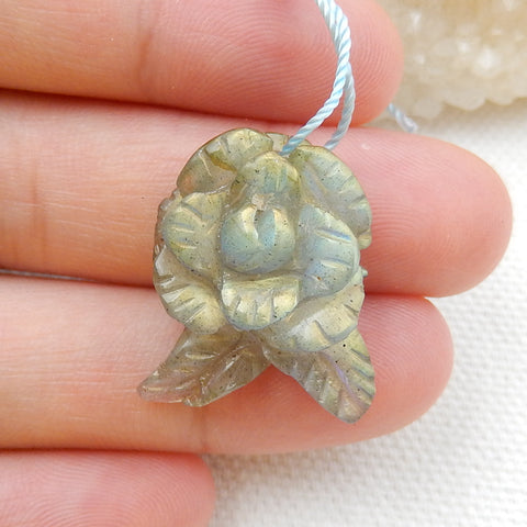 Carved Labradorite Gemstone Flower Pendant Beads, 22x16x8mm, 3.7g - MyGemGarden