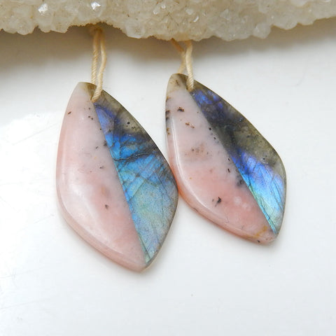 Natural Pink Opal and Labradorite Glued Gemstone Earrings Pair, 30x16x4mm, 4.8g - MyGemGarden