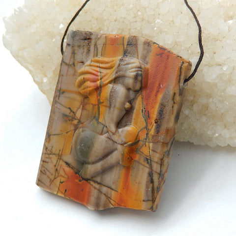 Gorgeous Pendant, Carved Multi-Color Picasso Jasper Gemstone Pendant, Sexy Lady, Carving Collection, 51x51x11mm, 57.4g - MyGemGarden