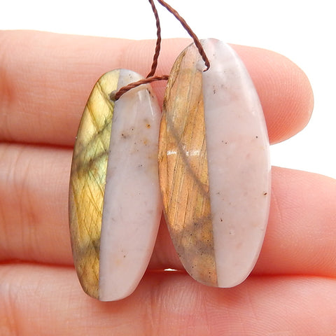 Labradorite And Pink Opal Glued Gemstone Earrings Stone Pair, 27x12x4mm, 4.3g - MyGemGarden