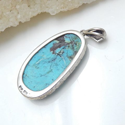 New Natural Sterling Silver 925 Turquoise Hand Inlaid Gemstone Jewelry Pendant, 42x18x5mm, 6.34g - MyGemGarden