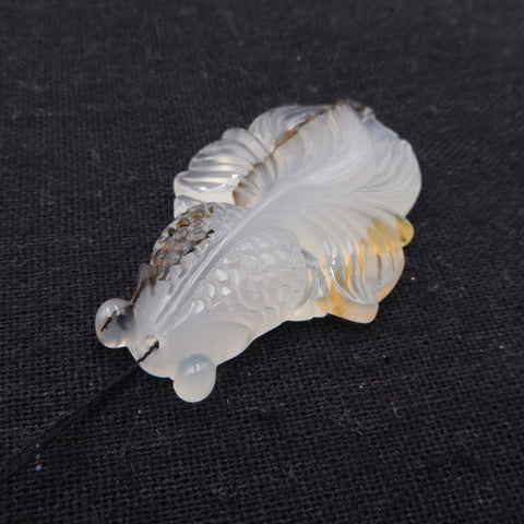 Perle pendentif en poisson sculpté en agate de Maganese de Java oriental rare naturelle, 50 mm, 13 g