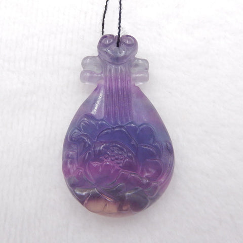 Pendentif Pipa en pierre précieuse de fluorite sculptée, pendentif de collier de bijoux, fluorite violette, 43x27x9 mm, 18,7 g