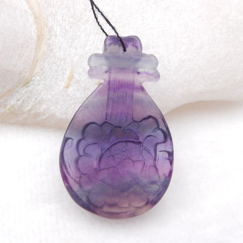 Pendentif Pipa en pierre précieuse de fluorite sculptée, pendentif de collier de bijoux, fluorite violette, 43x27x9 mm, 18,7 g