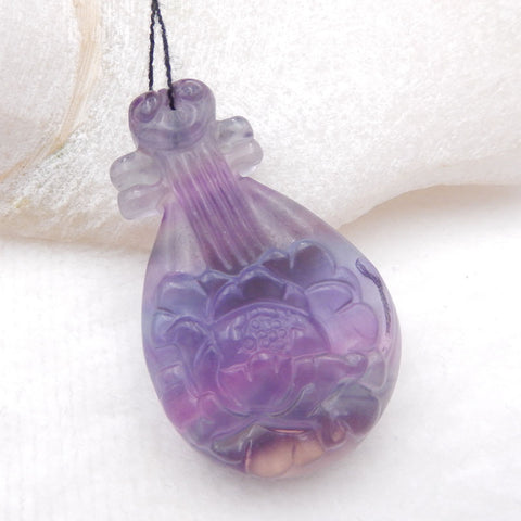 Pendentif Pipa en pierre précieuse de fluorite sculptée, pendentif de collier de bijoux, fluorite violette, 43x27x9 mm, 18,7 g