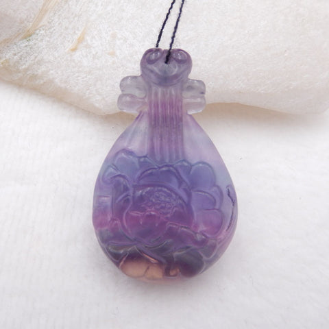 Pendentif Pipa en pierre précieuse de fluorite sculptée, pendentif de collier de bijoux, fluorite violette, 43x27x9 mm, 18,7 g