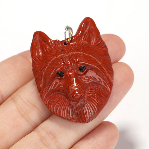 Carved Fox head Red River Jasper Gemstone Pendant, 38x29x12mm, 13.2g - MyGemGarden