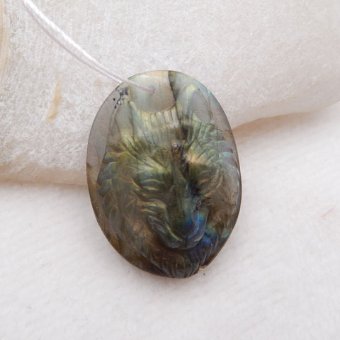 Natural Labradorite Carved Wolf Head Pendant Bead 32X25X9mm, 10.0g