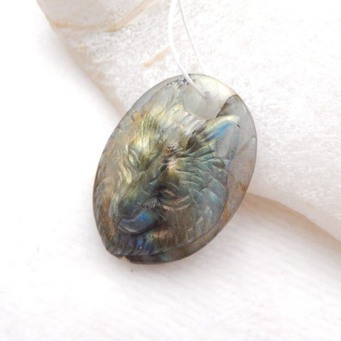 Natural Labradorite Carved Wolf Head Pendant Bead 32X25X9mm, 10.0g