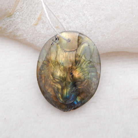 Pendentif en pierres précieuses de labradorite tête de loup sculptée naturelle, 32X25X9mm, 10.0g