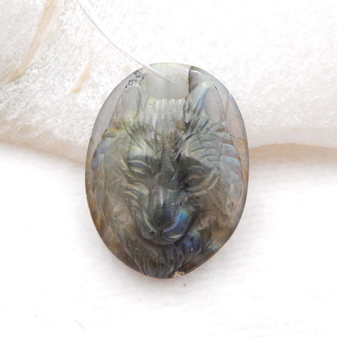 Natural Labradorite Carved Wolf Head Pendant Bead 32X25X9mm, 10.0g