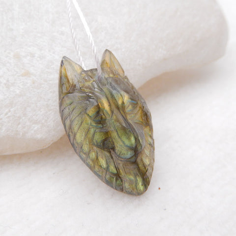 Pendentif en pierre gemme de labradorite tête de loup sculptée, 25X15X6mm, 3.0g