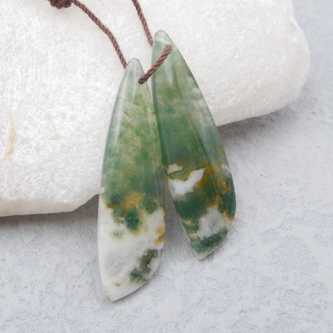 Belle Paire de Boucles d'Oreilles Percées en Agate Mousse 41X11X4mm,7.9g