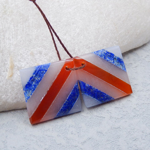 Lapis Lazuli, Agate Rouge, Paire de Boucles d'Oreilles Collées en Jade Blanc, 20X10X7mm, 5.5g