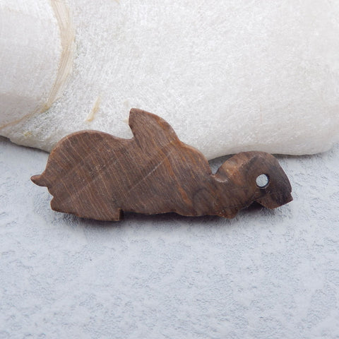 Natural Wood Fossil Carved rabbit Pendant Bead 53X24X7mm, 10.4g