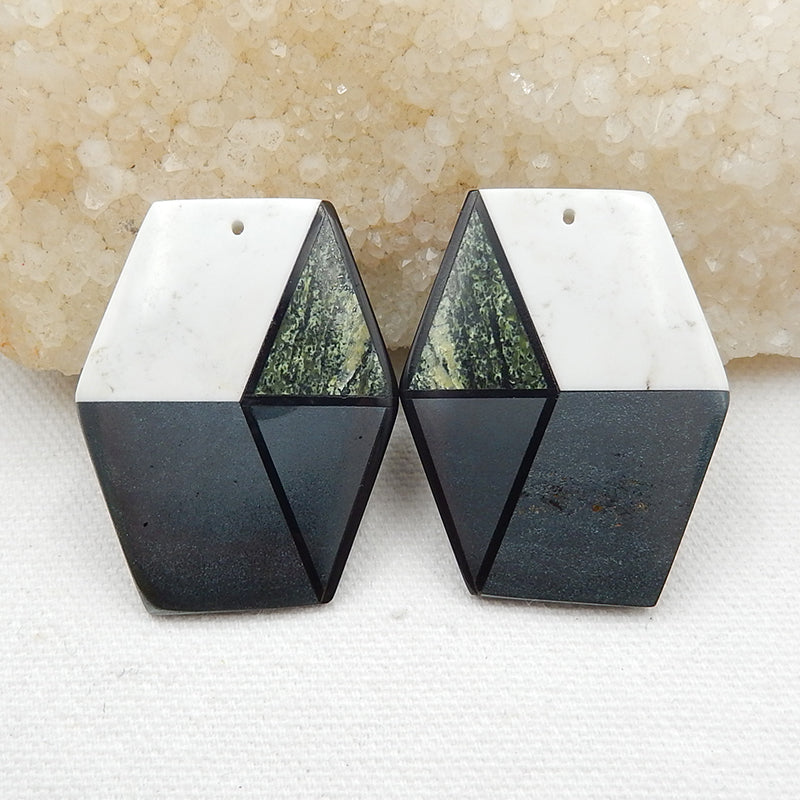 Howlite, Hematite, Obsidian And Green Zabra Jasper Glued Gemstone Earrings Stone Pair, 41x33x4mm, 30.2g - MyGemGarden