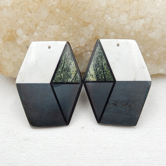 Howlite, Hematite, Obsidian And Green Zabra Jasper Glued Gemstone Earrings Stone Pair, 41x33x4mm, 30.2g - MyGemGarden