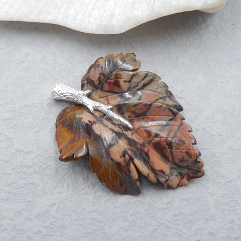 Natural Chohua Jasper Carved Leaf Pendant with 925 Sterling Silver Pinch Bail 57x42x13mm, 21g