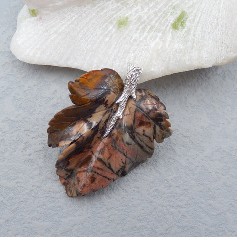 Natural Chohua Jasper Carved Leaf Pendant with 925 Sterling Silver Pinch Bail 57x42x13mm, 21g