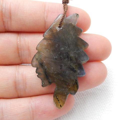 Carved Labradorite Gemstone Indian Head Pendant, 42x28x7mm, 7.7g - MyGemGarden