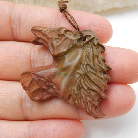 Carved Gemstone Multi-Color Picasso jasper Horse Head Pendant , 34x28x6mm, 9.7g - MyGemGarden