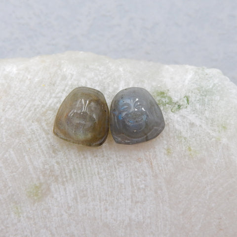 Natural Labradorite Carved buddha Cabochons Paired 11x11x6mm, 2.8g