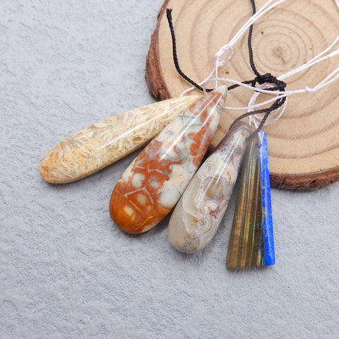 3 pcs Crazy Lace Agate et 1 pcs Lapis Lazuli avec pendentif Labradorite, 38x13x7mm, 29x10x4mm, 13.9g