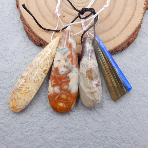 3 pcs Crazy Lace Agate et 1 pcs Lapis Lazuli avec pendentif Labradorite, 38x13x7mm, 29x10x4mm, 13.9g