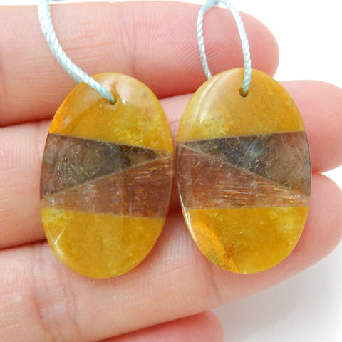 Yellow opal, Labradorite and Sunstone Oval Glued Gemstone Earrings Pair, 26x17x4mm, 5.7g - MyGemGarden