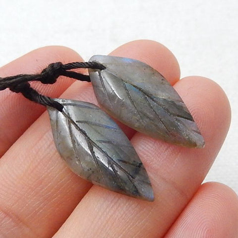 Labradorite Carved Leaf Earrings Stone Pair, 23x10x3mm, 2.6g - MyGemGarden