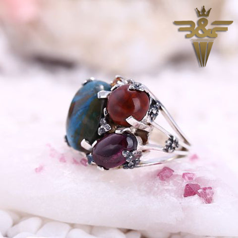 Well Designed!!Stering Silver 925 With Blue Opal With Garnet, Wood Stone Gemstone Intarsia Fashion Jewelry Ring 14.1g(Ring 6 Size) - MyGemGarden