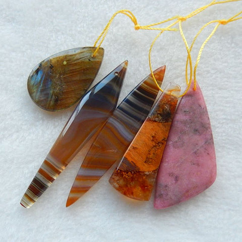 5 pcs Natural Gemstone Labradorite, Yellow Opal, Stripe Agate, Rhodonite Pendant, Set, 55x11x4mm, 28x17x4mm, 18.5g - MyGemGarden