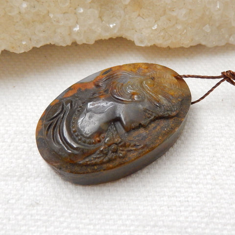 Handmade Ocean Jasper Carving Woman Head Gemstone Pendant Bead, 31x21x8mm, 9.4g - MyGemGarden