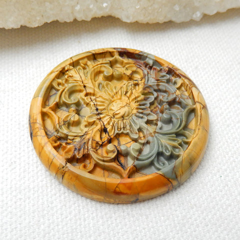 New Design! , Semiprecious Stone Carved Multi Color Picasso Jasper Flower Cabochon, Fashion Jewelry Accessory, 44x5mm, 17.2g - MyGemGarden