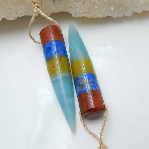 Red River Jasper, Lapis Lazuli, Yellow opal and Amazonite Glued Gemstone Earrings Pair, 41x8mm, 9.1g - MyGemGarden