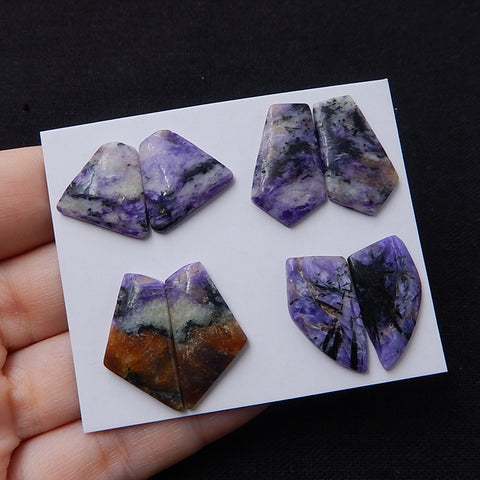 New Arrival 4 Pairs Beautiful Charoite cabochons, 25x13x3mm, 17x15x3mm, 10.4g - MyGemGarden