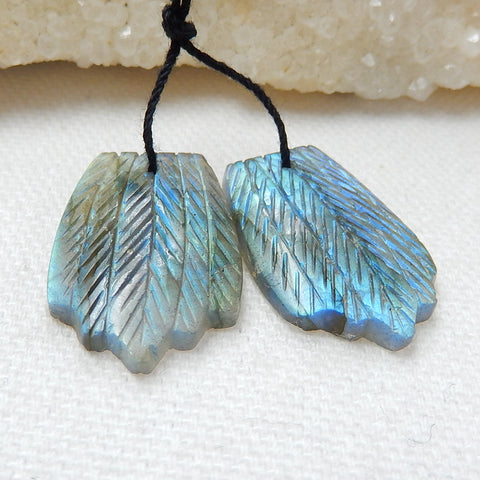 Labradorite Carved Feather Earrings Pair, Handcarved Gemstone Feather Dangle Earrings, 26x17x4mm, 6.5g - MyGemGarden