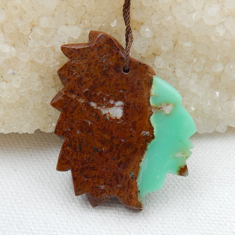 Carved Natural Chrysoprase Gemstone Indian Head Pendant, 43x35x9mm, 14.2g - MyGemGarden