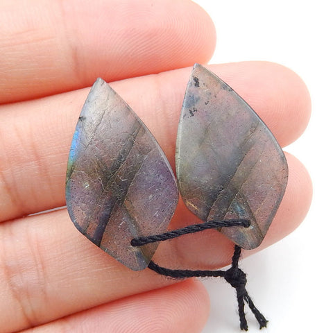 Labradorite Carved Leaf Earrings Stone Pair, 25x14x4mm, 4.6g - MyGemGarden